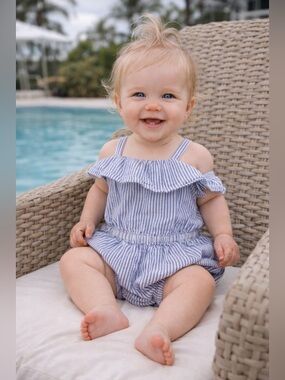 Ralph Lauren Baby Girl Seersucker Romper 9M Blue Stripe Ruffle